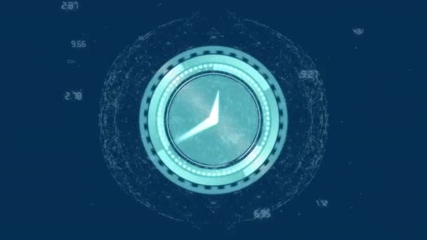 Animacja Poruszającego Się Zegara Nad Globusem Połączeń Przetwarzaniem Danych Niebieskim — Wideo stockowe