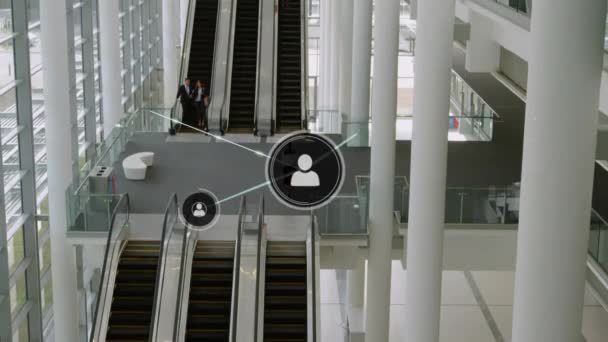 Animation Réseau Connexions Avec Des Icônes Sur Escalator Dans Bureau — Video