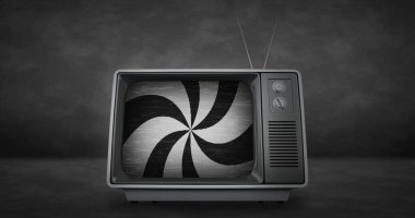 Gri arka planda siyah beyaz çizgili Retro TV seti. Klasik televizyon ve iletişim konsepti dijital olarak oluşturuldu.