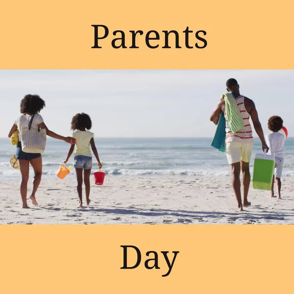Composition Happy Parents Day Text Happy African American Family Beach — Stock Photo, Image