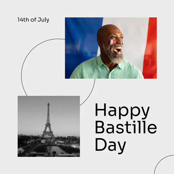 フランスとエッフェル塔の旗を持つアフリカ系アメリカ人男性に対するバスティーユの日のテキストの構成 バスティーユの日とお祝いのコンセプト デジタル生成画像 — ストック写真
