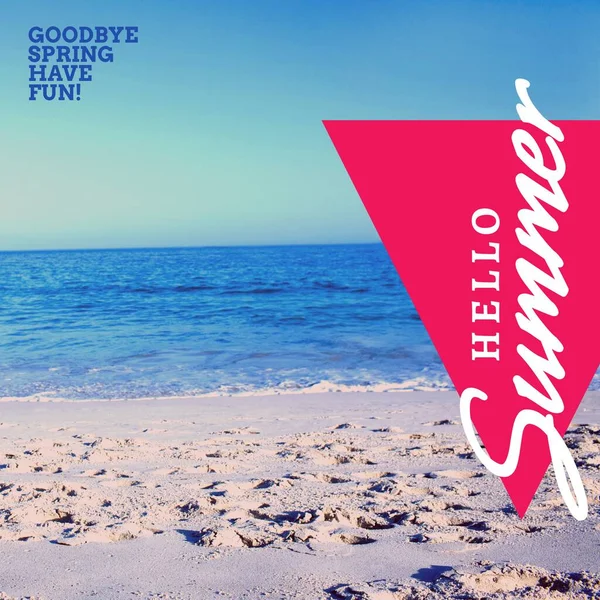 Composite Hello Summer Text Idyllic View Sandy Beach Beautiful Sea — Stock Photo, Image