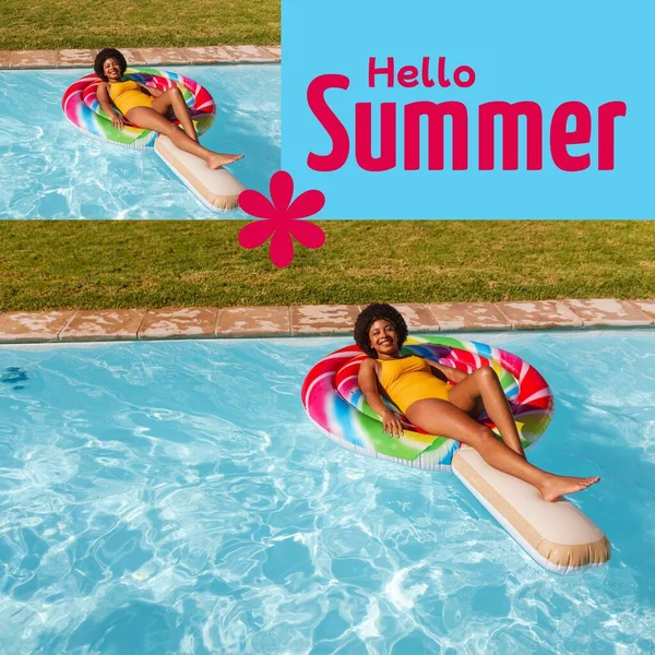 Koláž Africké Američanky Relaxující Nafukovacím Kroužku Bazénu Zdravý Letní Text — Stock fotografie