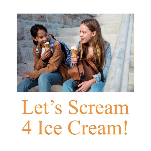 Composition Happy Ice Cream Day Text Diverse Female Friends Eating — Stock Photo, Image