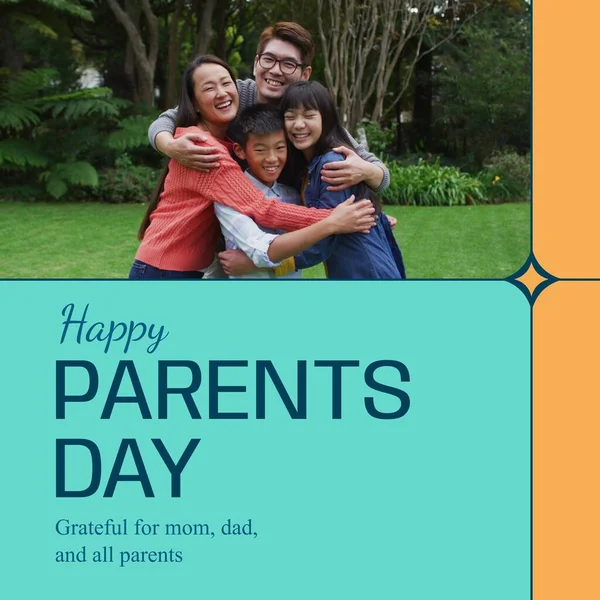 Sammansättning Föräldrar Dag Text Över Asiatiska Par Med Son Och — Stockfoto