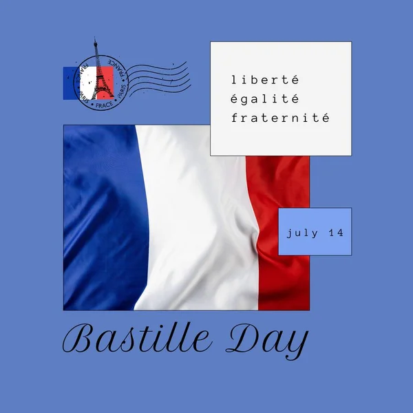 Kompozycja Tekstu Dnia Bastylii Nad Flagą Francji Wieżą Eiffla Dzień — Zdjęcie stockowe