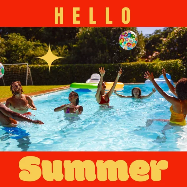 Composite Hello Summer Text Multiracial Friends Playing Dancing Swimming Pool — Stock Photo, Image