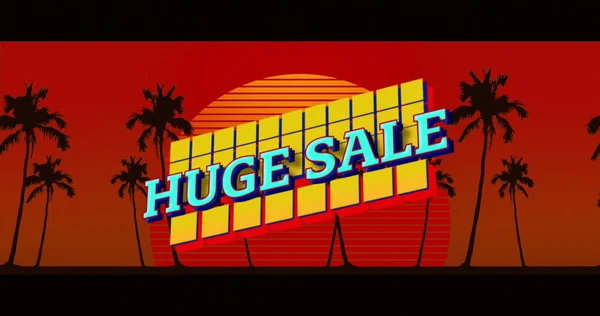 Composition of huge sale over sun and palm trees on red background. Global sales, digital interface, computing and data processing concept digitally generated image.