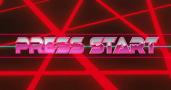 Animation of press start text over neon lights. Global video game, communication, computing and data processing concept digitally generated video.