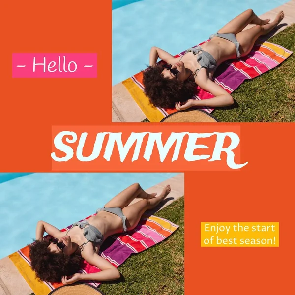 Biracial Young Woman Bikini Glasses Lying Towel Poolside Hello Summer — Stock Photo, Image