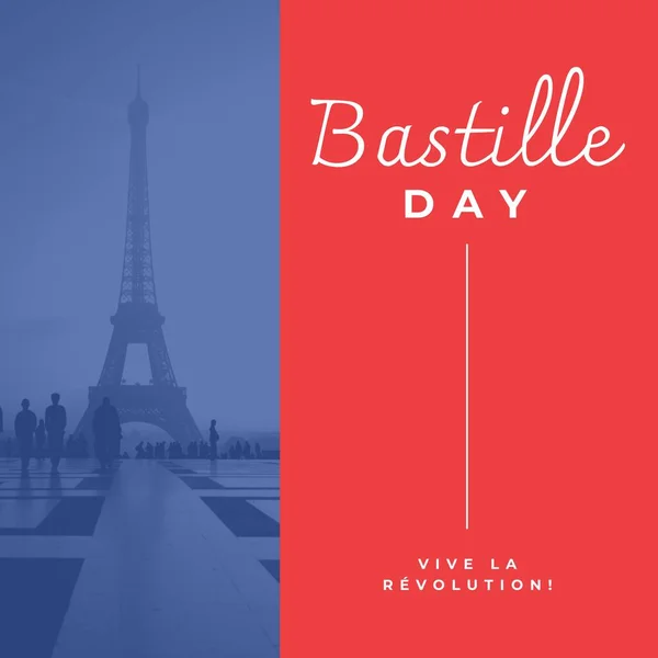 红色和蓝色背景下的艾菲尔铁塔上的巴士底狱日文本的组成 Bastille Day Celebration Concept Digital Generated Image — 图库照片