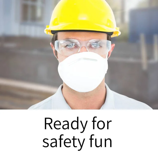 Composição Texto Saúde Segurança Sobre Homem Caucasiano Máscara Facial Capacete — Fotografia de Stock