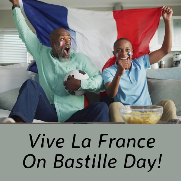 Composition Bastille Day Text Cheering African American Men Football Flag — Stock Photo, Image
