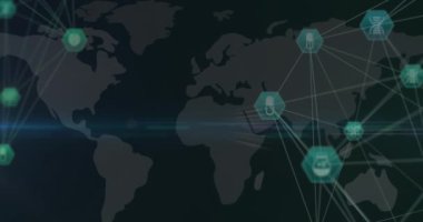 Simgeler ve bağlantı ağlarıyla dünya haritasının animasyonu. Küresel ağlar, dijital arayüz ve dijital olarak oluşturulan veri işleme konsepti.