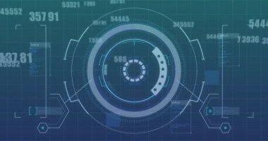 Mavi arkaplan ile yuvarlak tarayıcının üzerine düşen birden fazla değişen sayının animasyonu. Bilgisayar arayüzü ve iş teknolojisi kavramı