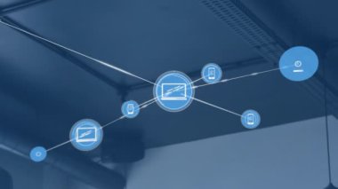 Ofis çatısına karşı dijital simge ağının animasyonu. Küresel ağ ve iş teknolojisi kavramı