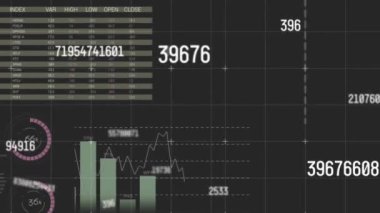 Animation of multiple changing numbers and statistical data processing against black background. Computer interface and business data technology concept