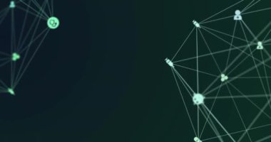 Simgeleri ve bağlantıları olan dünyanın animasyonu. Küresel ağlar, dijital arayüz ve dijital olarak oluşturulan veri işleme konsepti.