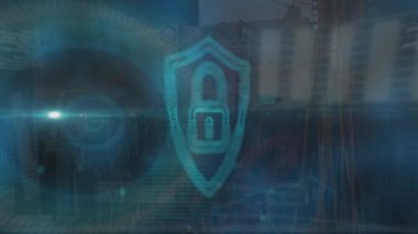 Biyometrik asma kilit ve veri işleme animasyonu. Küresel ağlar, dijital arayüz ve dijital olarak oluşturulan veri işleme konsepti.