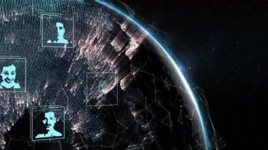 Dünya üzerinde birden fazla profil simgesinin canlandırılması ve uzayda parlak bir ışık noktası. Küresel ağ ve iş teknolojisi kavramı