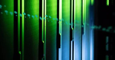 Animation of data processing against computer server room. Computer interface and business data storage technology concept