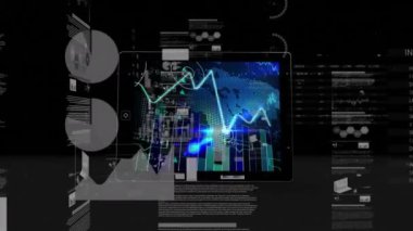 Siyah arkaplana karşı istatistiksel veri işleme ile dijital tabletin animasyonu. Bilgisayar arayüzü ve iş veri teknolojisi kavramı