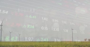Rüzgar türbinleri üzerinde finansal veri işleme animasyonu. Küresel rüzgar enerjisi, çevre, iş, hesaplama ve veri işleme kavramı dijital olarak oluşturulmuş video.