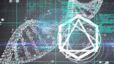 Soyut geometrik şekiller ve veri işleme karşı DNA ve moleküler yapıların animasyonu. Tıbbi araştırma ve bilim teknolojisi kavramı