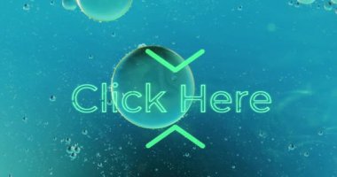 Mavi arkaplandaki süs eşyalarının üzerine neon metni tıklamanın animasyonu. Sosyal medya, iletişim, şablon ve renk kavramı dijital olarak oluşturulmuş video.