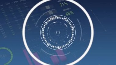 Okun yukarı ve yuvarlak tarayıcı ile istatistiksel veri işleme karşıtlığının animasyonu. Bilgisayar arayüzü ve iş veri teknolojisi kavramı