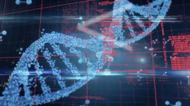 Veri işleme ve matematiksel sembollere karşı DNA ve moleküler yapıların animasyonu. Tıbbi araştırma ve bilim teknolojisi kavramı
