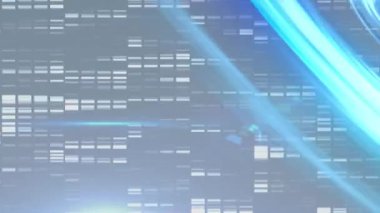 Mozaik karelerin üzerinde gri arkaplan üzerinde dönen mavi ışık izleri. Bilgisayar arayüzü ve iş teknolojisi kavramı