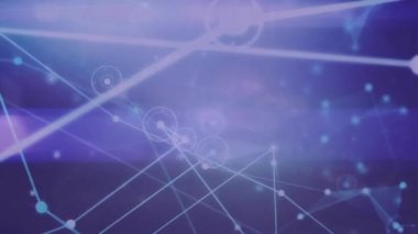 Animation of network of connections and light trails against blue background. Global networking and business technology concept