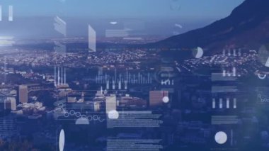 Animation of data processing against aerial view of cityscape. Computer interface and business technology concept
