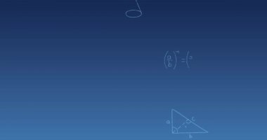 Mavi gradyan zemin üzerinde yüzen matematiksel denklemlerin ve formüllerin animasyonu. Okul ve eğitim kavramı
