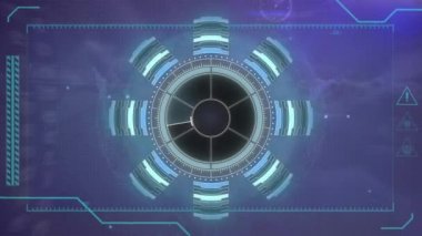 Yuvarlak tarayıcıyla arayüzün animasyonu ve gökyüzündeki bulutlara karşı bağlantı ağı. Bilgisayar arayüzü ve bulut veri depolama teknolojisi kavramı