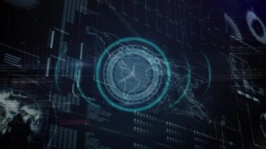 Mavi arkaplana karşı veri işleme arayüzü üzerinde neon tik saatin animasyonu. Bilgisayar arayüzü ve iş teknolojisi kavramı