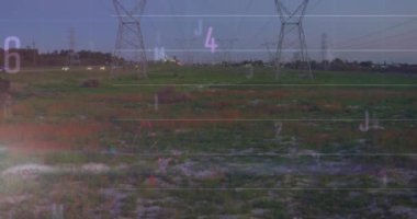 Ağ kulelerine karşı çoklu değişen numaraların animasyonu ve istatistiksel veri işleme. Küresel ağ ve iş veri teknolojisi kavramı