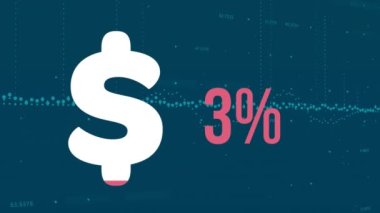 Doldurulan dolar sembollerinin canlandırılması, mavi arkaplanda artan yüzdelik ve veri işleme. Küresel ekonomi ve iş teknolojisi kavramı