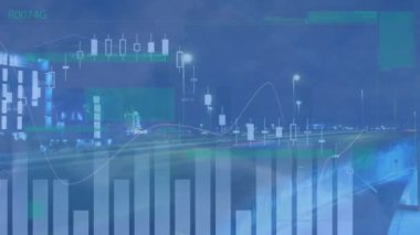 Gece şehir trafiğinin hızlandırılmasına karşı istatistiksel veri işleme animasyonu. Bilgisayar arayüzü ve iş veri teknolojisi kavramı