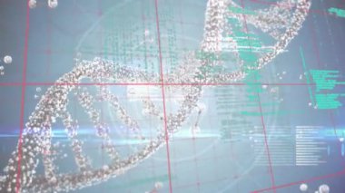 Yuvarlak tarayıcı ve veri işleme karşı DNA ve moleküler yapıların animasyonu. Tıbbi araştırma ve bilim teknolojisi kavramı