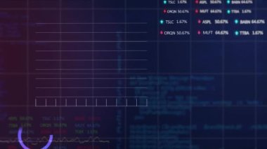 Mor gradyan arkaplana karşı istatistiksel ve borsa veri işleme animasyonu. Küresel ekonomi ve iş veri teknolojisi kavramı