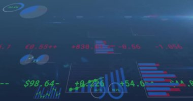 Mavi arkaplandaki ışık noktasıyla istatistiksel veri işleme animasyonu. Bilgisayar arayüzü ve iş veri teknolojisi kavramı