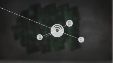 Gri dokulu arka plana karşı dijital simge ağının animasyonu. Küresel ağ ve iş teknolojisi kavramı