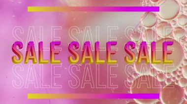 Satış metninin animasyonu. Sıvı ve mücevherlerle yakın plan. Moda, perakende, iletişim, renk ve şablon kavramı dijital olarak oluşturulmuş video.