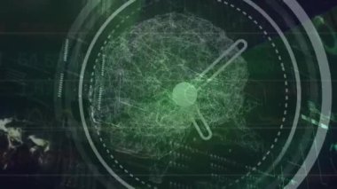 Neon saat animasyonu ve veri işleme arayüzüne karşı insan beyni ikonu döndürmek. Tıbbi araştırma ve bilim teknolojisi kavramı