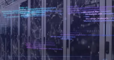 Animation of data processing and network of connections against computer server room. Global networking and business data storage technology concept