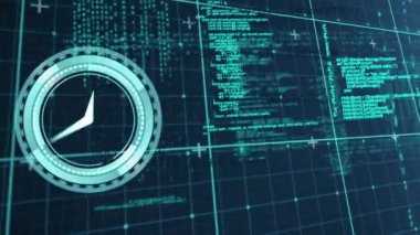 Mavi arkaplan üzerinde neon saat ve veri işleme animasyonu. Bilgisayar arayüzü ve iş teknolojisi kavramı