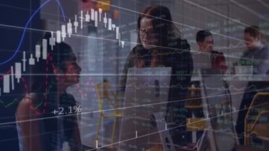 Animation of stock market data processing over two diverse women discussing at office. Global economy and business technology concept