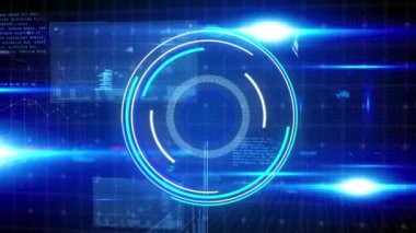 Veri işleme arayüzü üzerinde neon yuvarlak tarayıcı ve ışık noktalarının animasyonu. Bilgisayar arayüzü ve iş teknolojisi kavramı